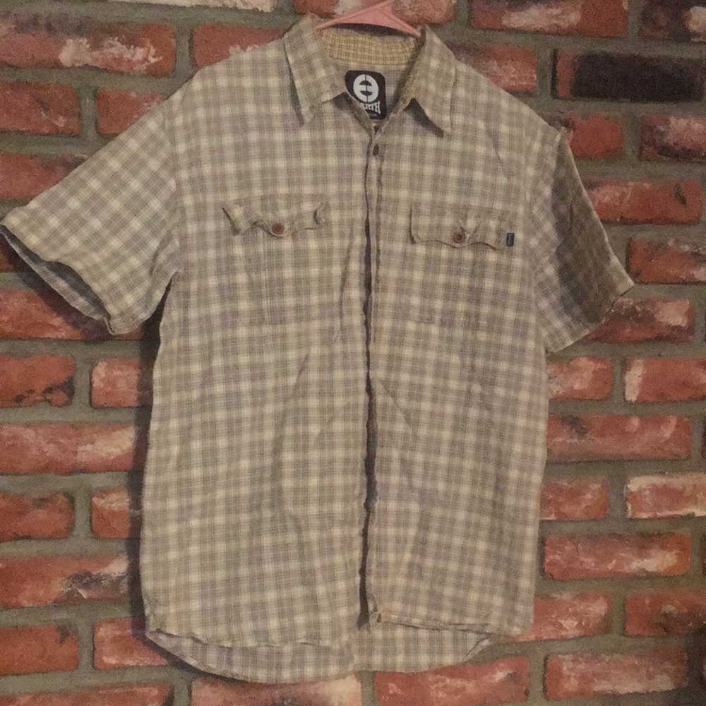 Vintage Planet Earth Plaid Short Sleeve Button Down Shirt